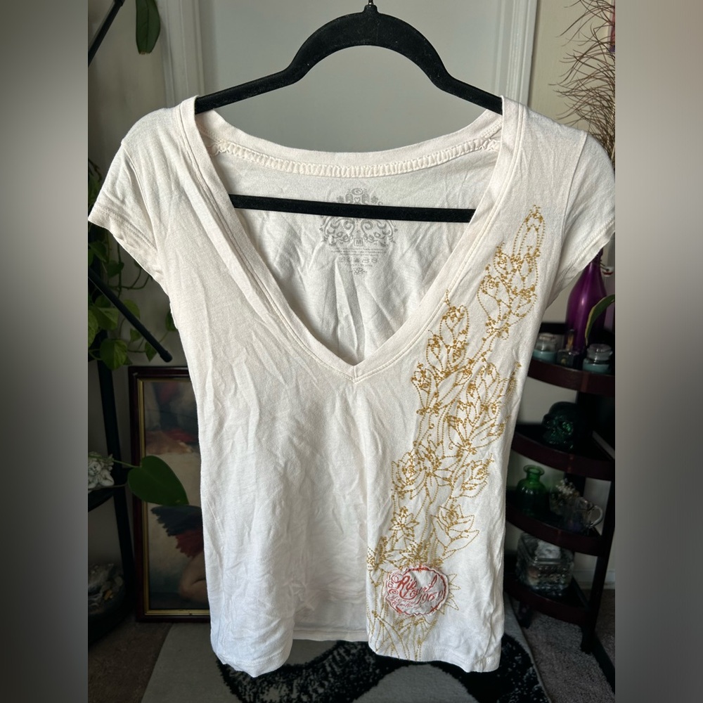Rip Curl White Embroidered Fitted Cap Sleeve T-Shirt